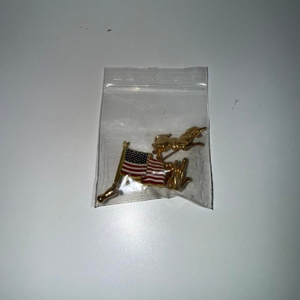 American flag pin with gold horse and rider design